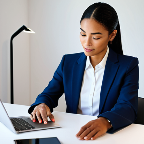A professional businesswoman, diverse ethnicity, in a modest, modern business suit, is seated comfortably at a sleek, minimalist desk in a bright, contemporary home office. She is looking at a high-end smartphone in her hands, which softly glows, subtly indicating on-device processing. The scene emphasizes data privacy and secure personal technology. perfect anatomy, correct proportions, natural pose, well-formed hands, proper finger count, natural body proportions, professional photography, high quality, sharp focus, vibrant colors, clean aesthetic, safe for work, appropriate content, fully clothed, family-friendly.