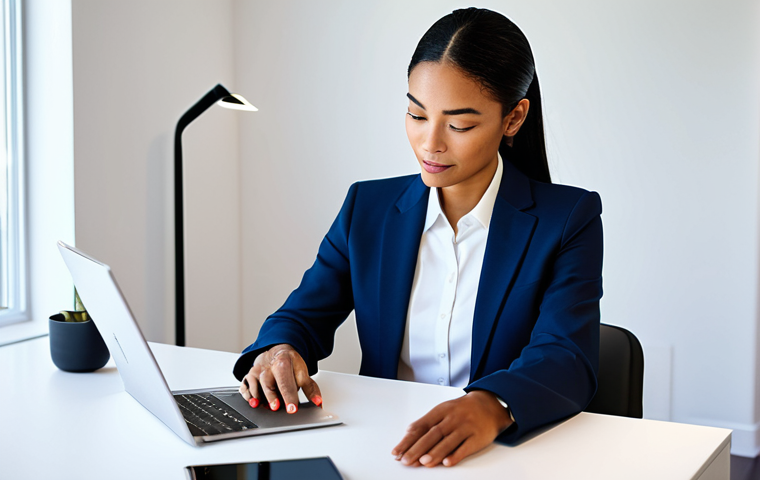 A professional businesswoman, diverse ethnicity, in a modest, modern business suit, is seated comfortably at a sleek, minimalist desk in a bright, contemporary home office. She is looking at a high-end smartphone in her hands, which softly glows, subtly indicating on-device processing. The scene emphasizes data privacy and secure personal technology. perfect anatomy, correct proportions, natural pose, well-formed hands, proper finger count, natural body proportions, professional photography, high quality, sharp focus, vibrant colors, clean aesthetic, safe for work, appropriate content, fully clothed, family-friendly.