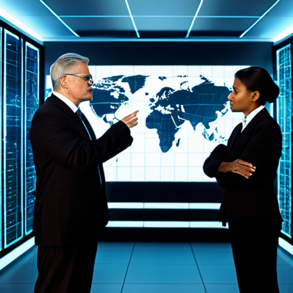 A diverse group of professional individuals, fully clothed in modern business attire, standing in a sleek, futuristic data center. They are gathered around a holographic display that visualizes a glowing, interconnected global network of abstract digital devices, subtly showing energetic lines flowing between them. The background features ambient lighting and subtle representations of data and energy consumption. Safe for work, appropriate content, fully clothed, professional, perfect anatomy, correct proportions, natural pose, well-formed hands, proper finger count, natural body proportions, high-quality photograph, realistic.