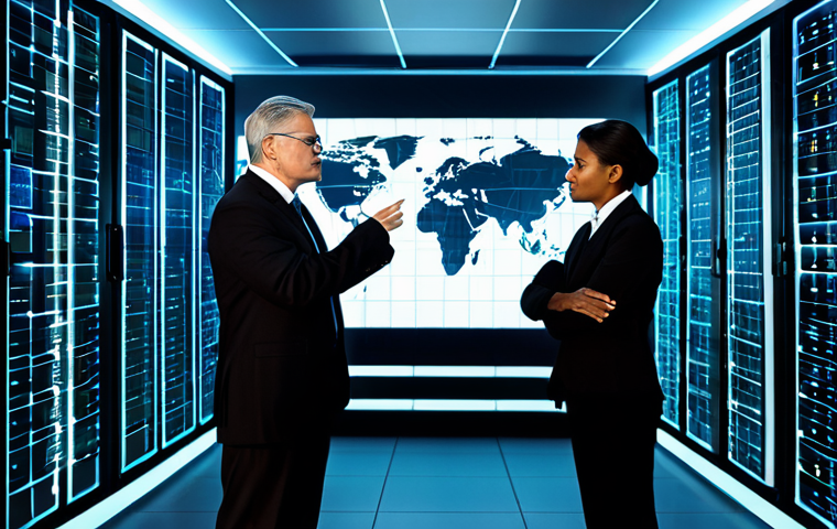 A diverse group of professional individuals, fully clothed in modern business attire, standing in a sleek, futuristic data center. They are gathered around a holographic display that visualizes a glowing, interconnected global network of abstract digital devices, subtly showing energetic lines flowing between them. The background features ambient lighting and subtle representations of data and energy consumption. Safe for work, appropriate content, fully clothed, professional, perfect anatomy, correct proportions, natural pose, well-formed hands, proper finger count, natural body proportions, high-quality photograph, realistic.