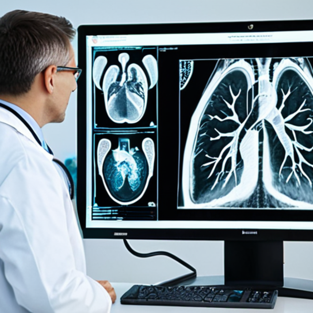 Medical Diagnostics**

"A professional doctor in a fully clothed white coat, examining a digital display of lung scan results in a brightly lit, modern hospital room. Other medical professionals are collaborating in the background, all appropriately dressed. Safe for work, perfect anatomy, correct proportions, professional medical setting, appropriate content, family-friendly, high quality."

**