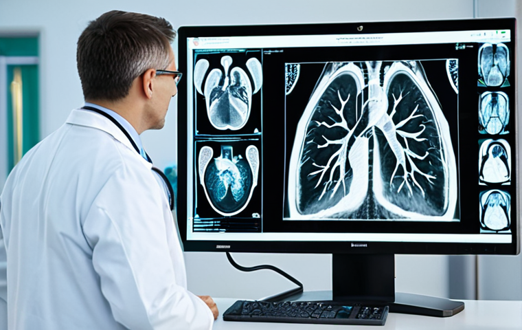 Medical Diagnostics**

"A professional doctor in a fully clothed white coat, examining a digital display of lung scan results in a brightly lit, modern hospital room. Other medical professionals are collaborating in the background, all appropriately dressed. Safe for work, perfect anatomy, correct proportions, professional medical setting, appropriate content, family-friendly, high quality."

**