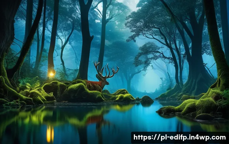 연합학습에서의 통신 효율성 향상 방법 - A serene and mystical ancient forest at twilight. Tall, gnarled trees with bioluminescent leaves glo...