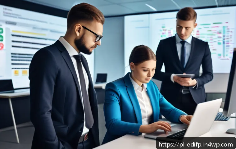 연합학습의 실용적인 적용 사례 분석 - A modern financial technology office scene in Poland, showing diverse Polish bank employees collabor...