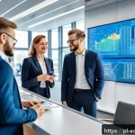 Home 18 연합학습을 위한 기술적 가이드 - A high-tech Polish bank office scene showing diverse professionals collaborating around a transparen...