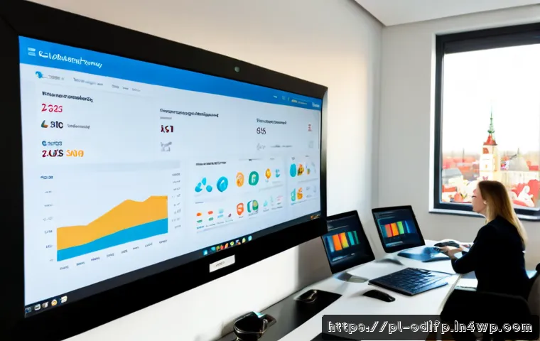 Home 17 연합학습의 성과 기반 관리 시스템 - Photorealistic modern Warsaw financial technology office, diverse Polish data science team reviewing...
